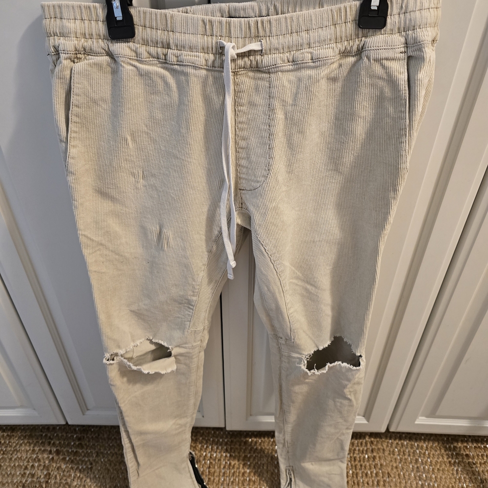 Beige Corduroy Joggers with Distressed Knees